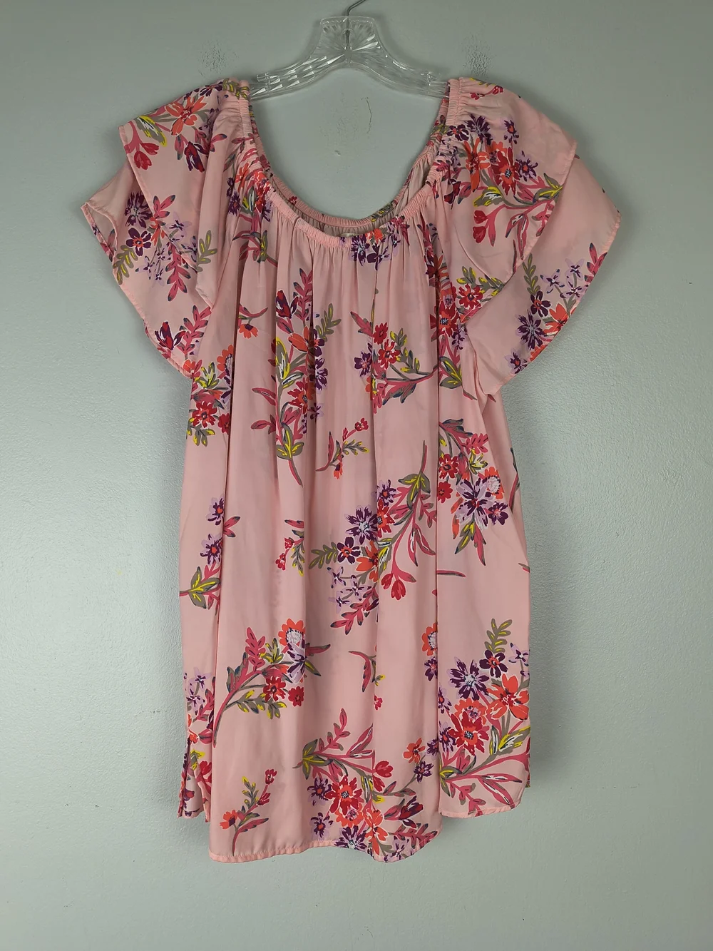 Terra & Sky Top Women's 1X Pink Purple On Off Shoulder Peasant Floral Ruffle